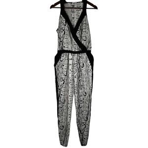 Milano Abstract Print Faux-Wrap Jumpsuit with Pockets (Black/White/Gray)